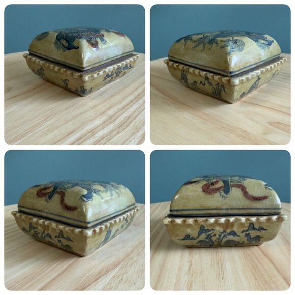 Unknown Other - Vintage Chinese Foo Dog Trinket Box Handpainted Pottery Signed 1999